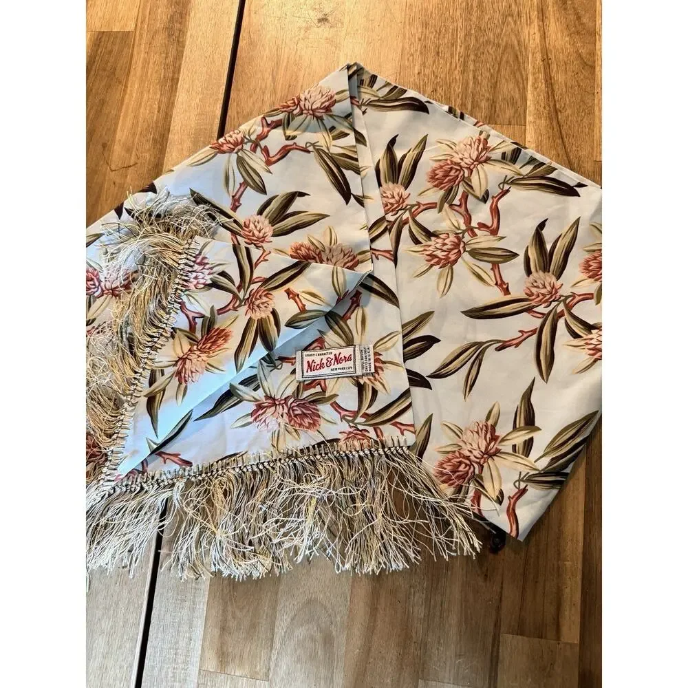 Vintage Nick and Nora Tropical Floral Table Runner Fringe Muted Color Home Decor